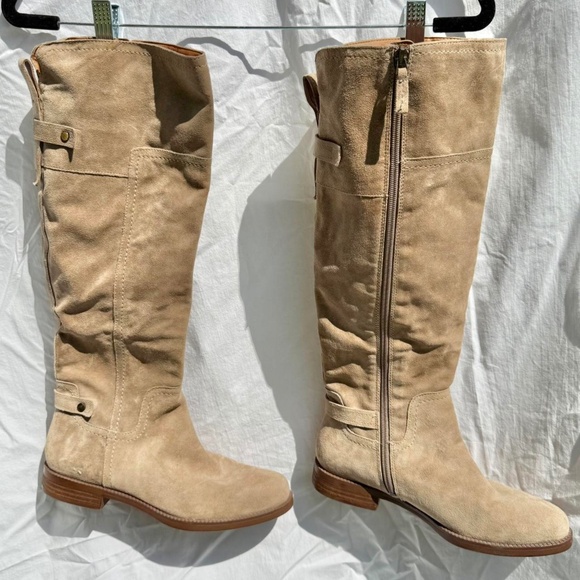 Tan real suede knee high round toe moto boots with full side zipper, and hardwar - Picture 1 of 5